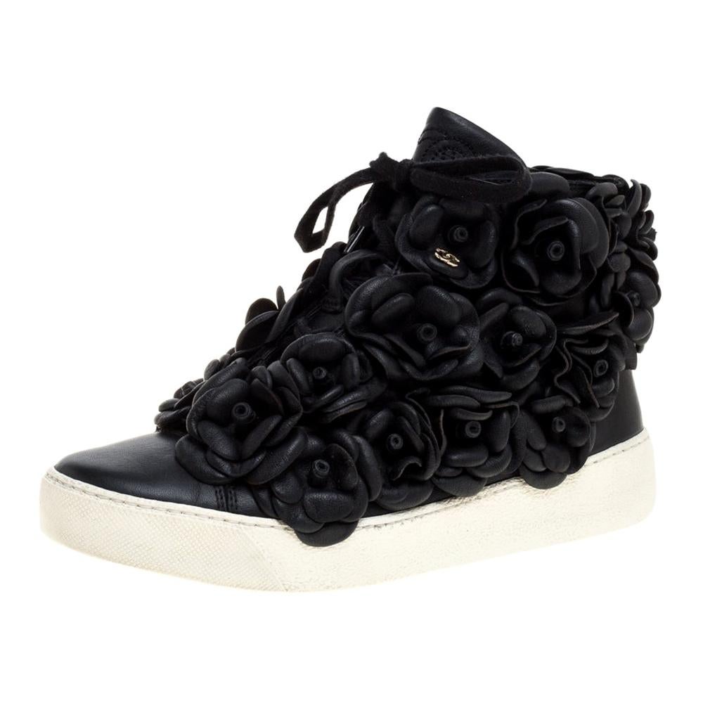 Chanel Two Tone Camellia Cut Out Leather High Top Sneakers Size 41 Chanel   TLC